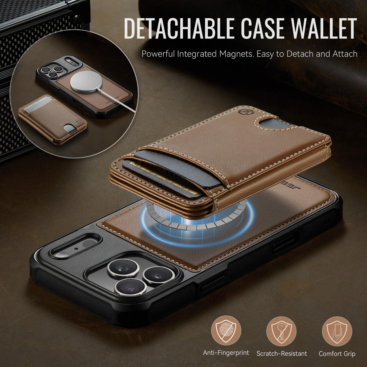 Compatible with iPhone 18 Pro Max JEEHOOD J10 Flip Card Bag MagSafe Split RFID Leather Phone Case - Brown