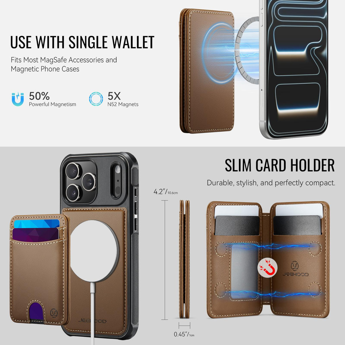 Compatible with iPhone 18 Pro Max JEEHOOD J10 Flip Card Bag MagSafe Split RFID Leather Phone Case - Brown