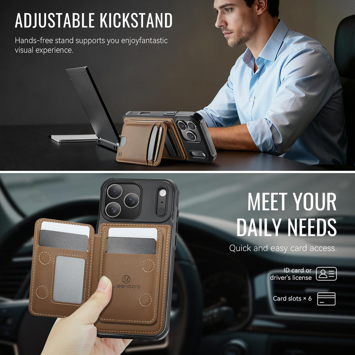 Compatible with iPhone 18 Pro Max JEEHOOD J10 Flip Card Bag MagSafe Split RFID Leather Phone Case - Brown