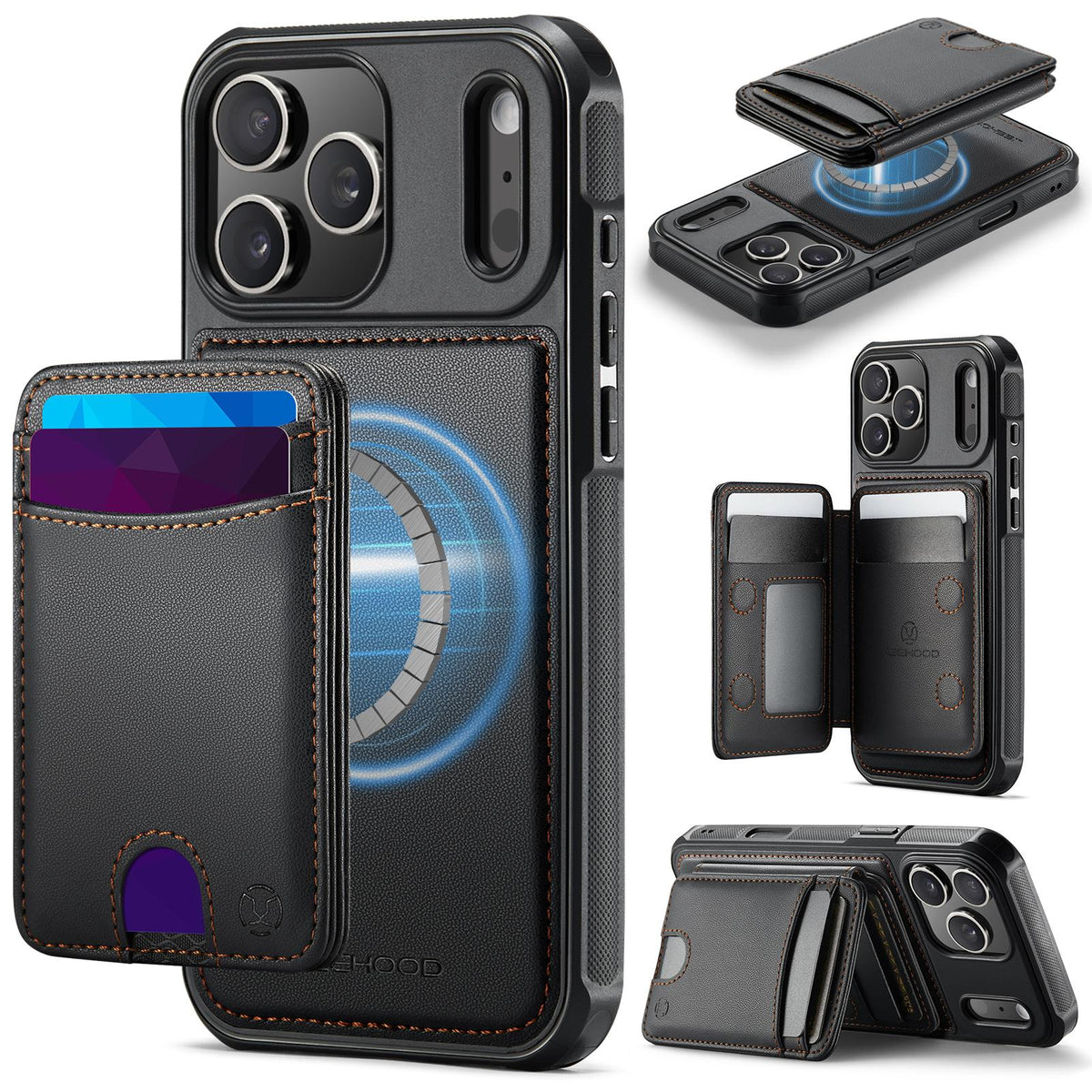 Compatible with iPhone 18 Pro Max JEEHOOD J10 Flip Card Bag MagSafe Split RFID Leather Phone Case - Black