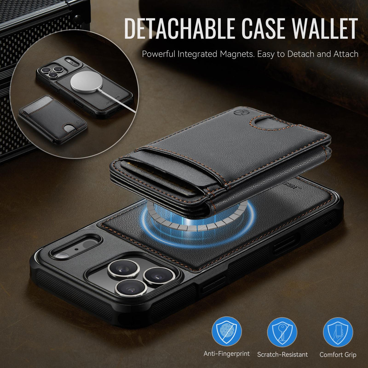 Compatible with iPhone 18 Pro Max JEEHOOD J10 Flip Card Bag MagSafe Split RFID Leather Phone Case - Black