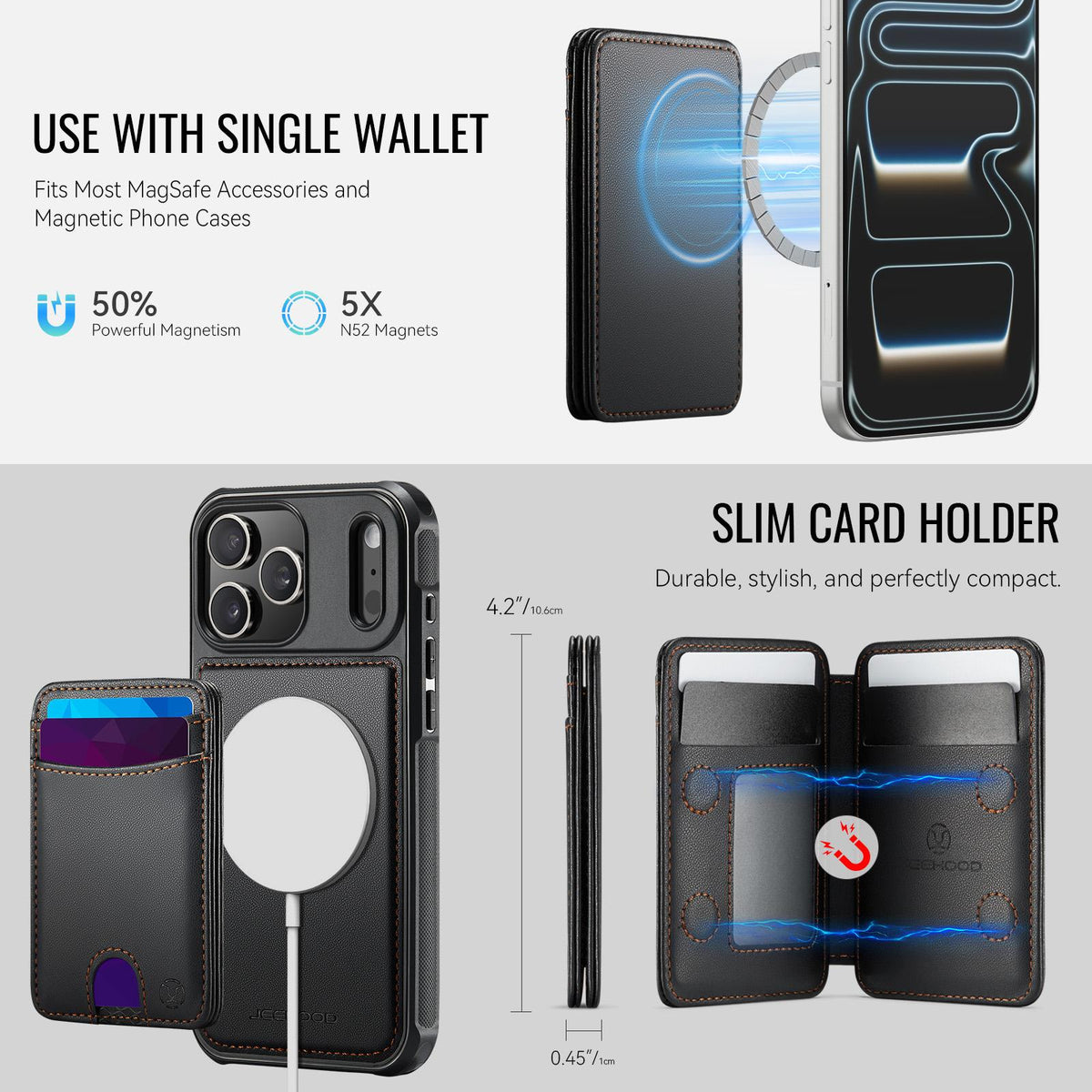 Compatible with iPhone 18 Pro Max JEEHOOD J10 Flip Card Bag MagSafe Split RFID Leather Phone Case - Black
