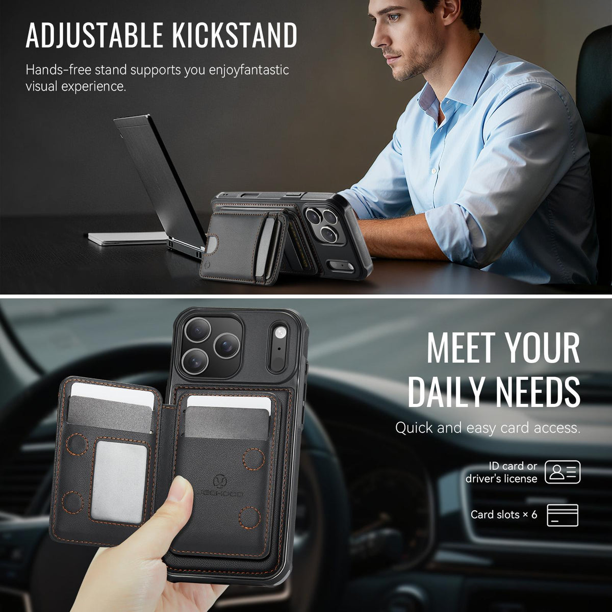 Compatible with iPhone 18 Pro Max JEEHOOD J10 Flip Card Bag MagSafe Split RFID Leather Phone Case - Black