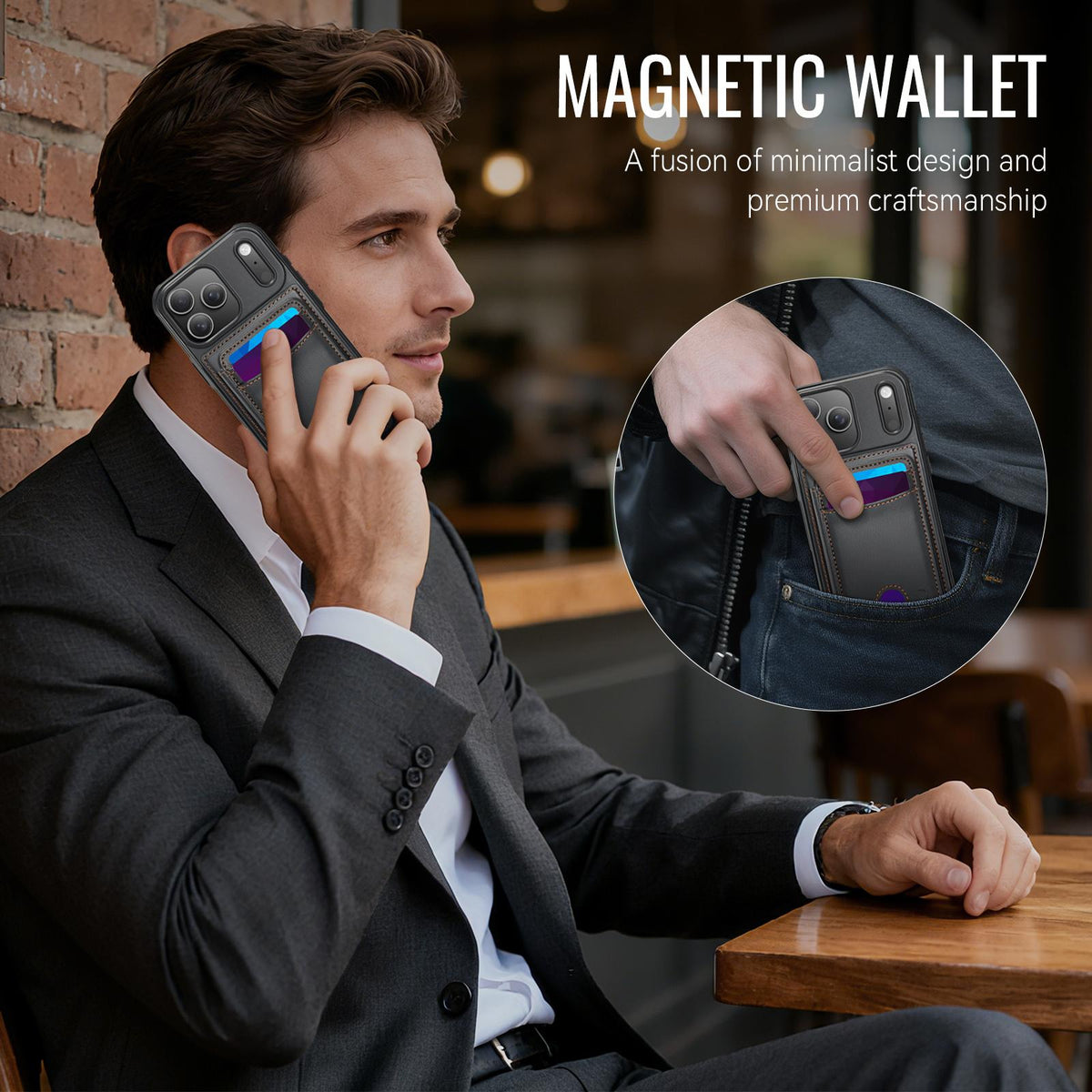 Compatible with iPhone 18 Pro Max JEEHOOD J10 Flip Card Bag MagSafe Split RFID Leather Phone Case - Black