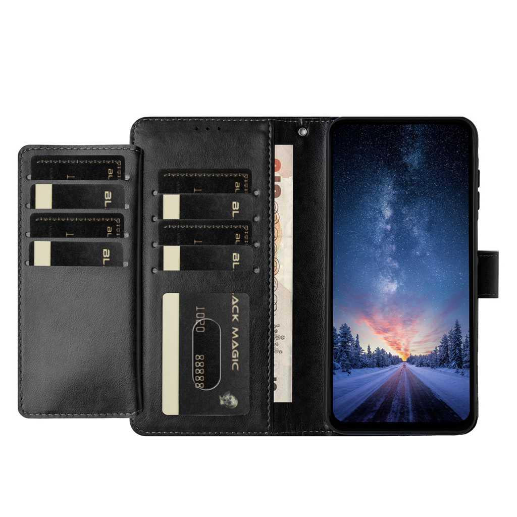 Compatible with iPhone 18 Pro Max & 17 Pro Max Lambskin 8-card Slot Leather Phone Case - Black