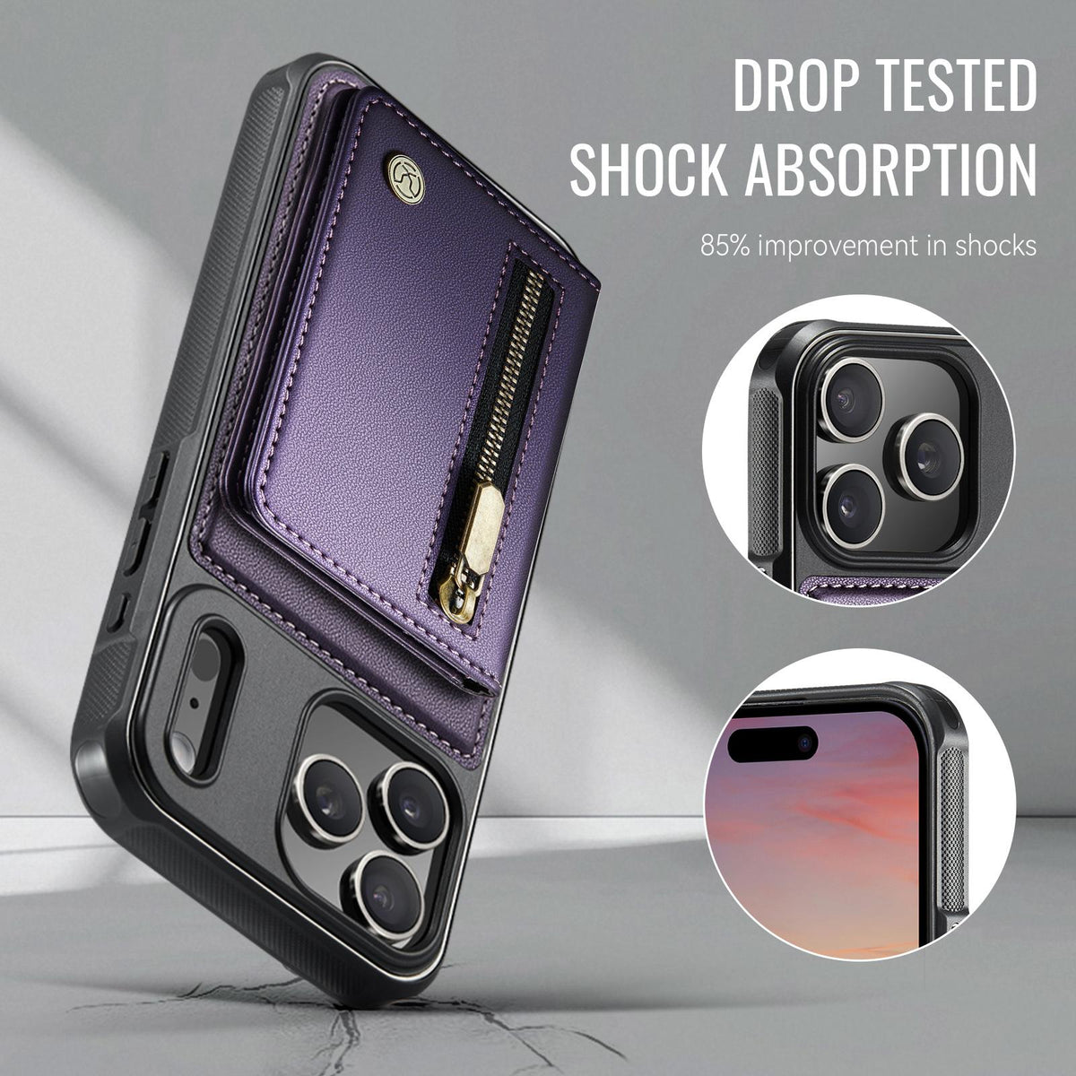 Compatible with iPhone 18 Pro Max JEEHOOD J12 Exquisite RFID MagSafe Zipper Card Bag Phone Case - Purple