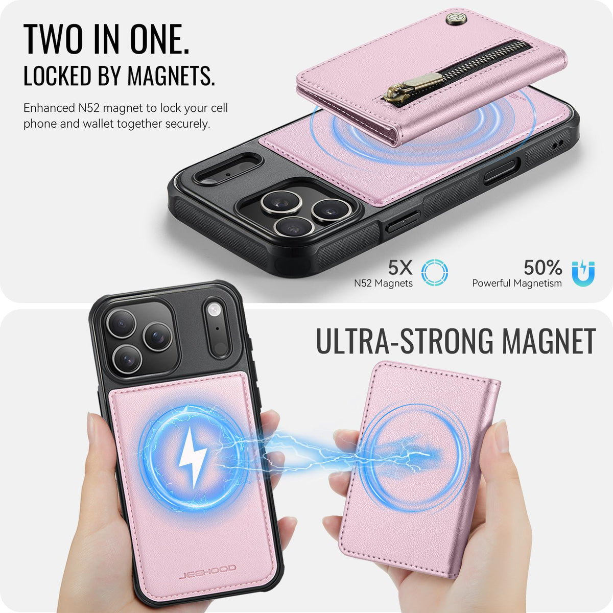 Compatible with iPhone 18 Pro Max JEEHOOD J12 Exquisite RFID MagSafe Zipper Card Bag Phone Case - Pink