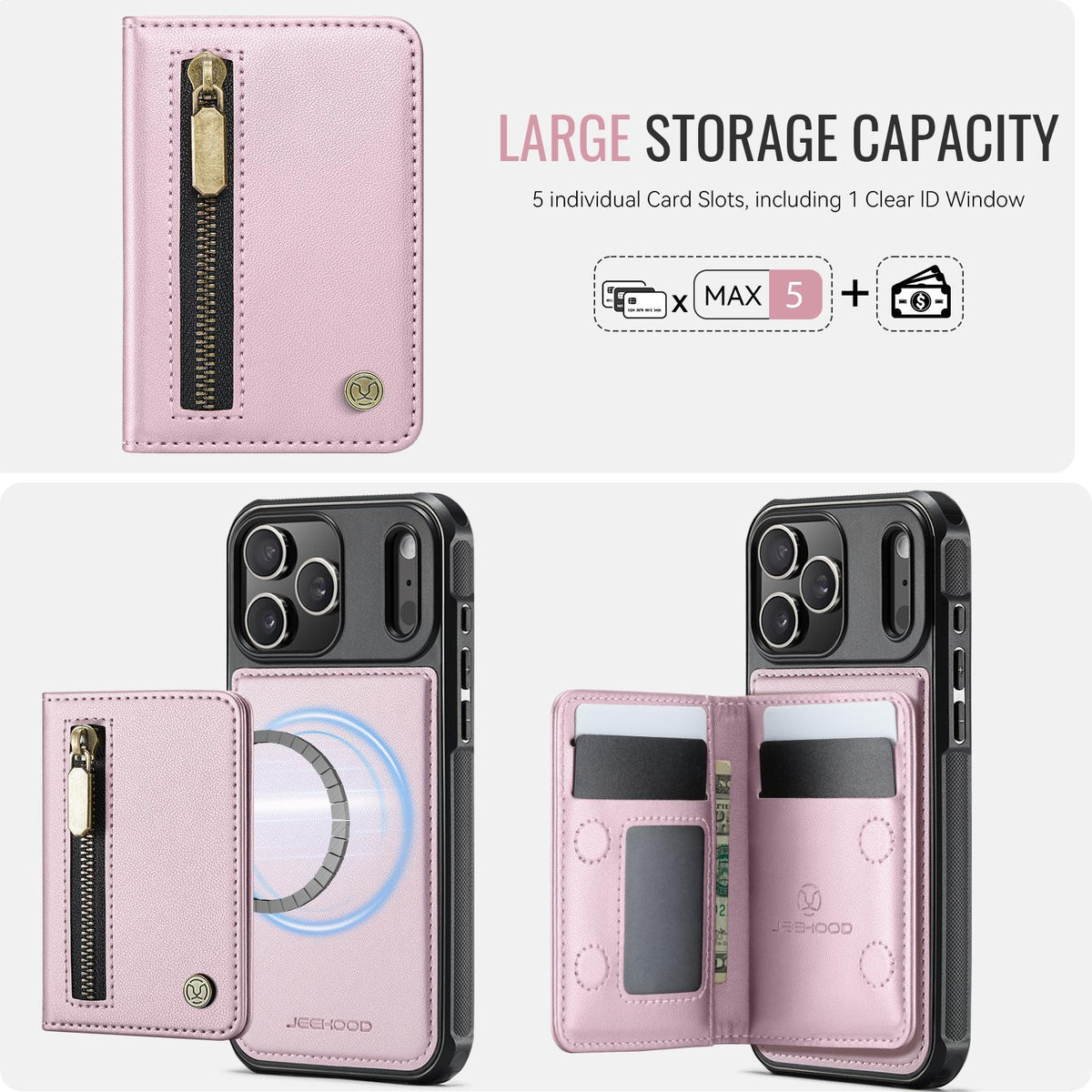 Compatible with iPhone 18 Pro Max JEEHOOD J12 Exquisite RFID MagSafe Zipper Card Bag Phone Case - Pink