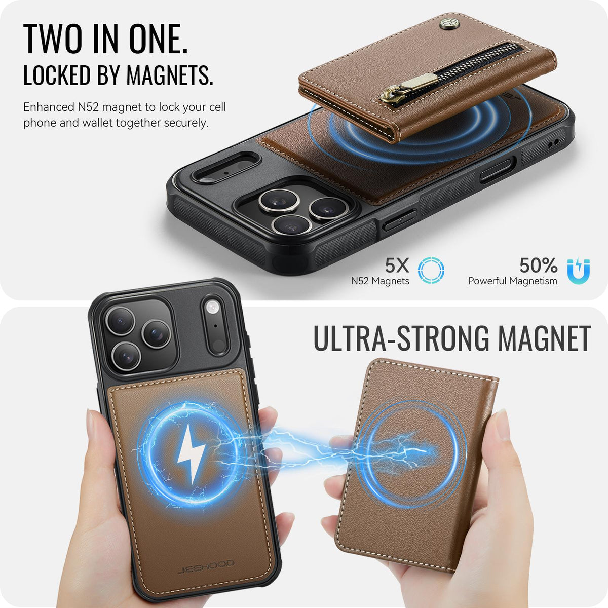 Compatible with iPhone 18 Pro Max JEEHOOD J12 Exquisite RFID MagSafe Zipper Card Bag Phone Case - Brown