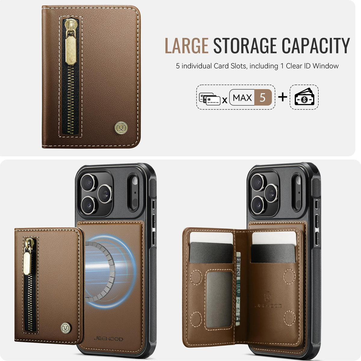 Compatible with iPhone 18 Pro Max JEEHOOD J12 Exquisite RFID MagSafe Zipper Card Bag Phone Case - Brown