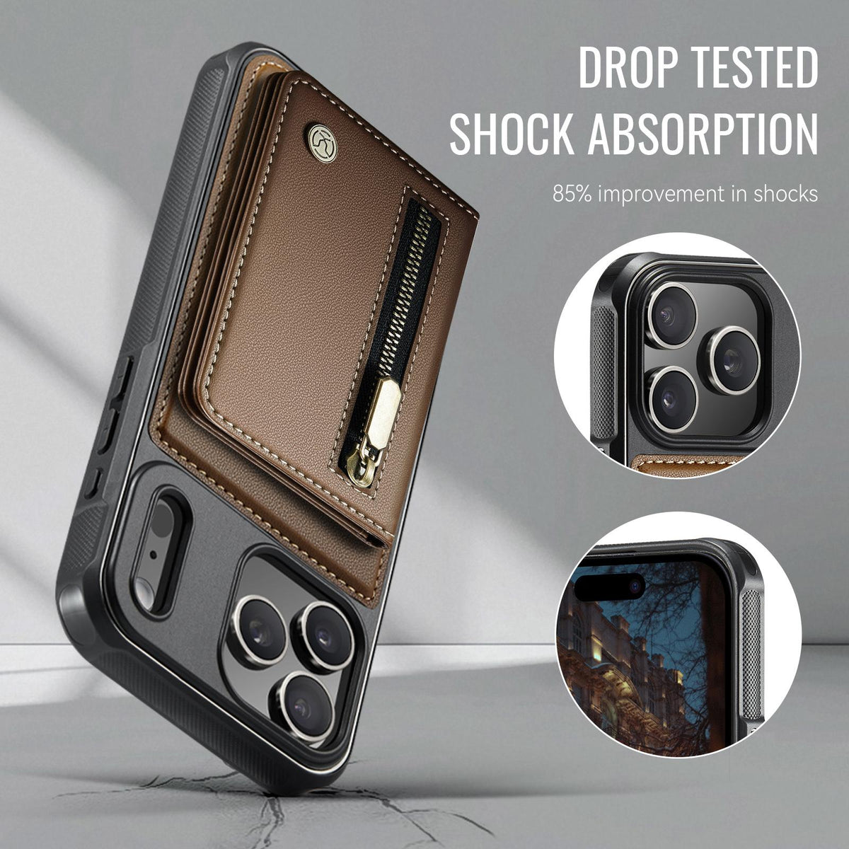 Compatible with iPhone 18 Pro Max JEEHOOD J12 Exquisite RFID MagSafe Zipper Card Bag Phone Case - Brown