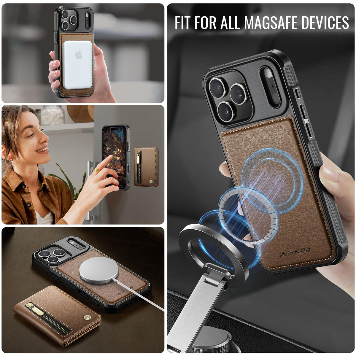 Compatible with iPhone 18 Pro Max JEEHOOD J12 Exquisite RFID MagSafe Zipper Card Bag Phone Case - Brown