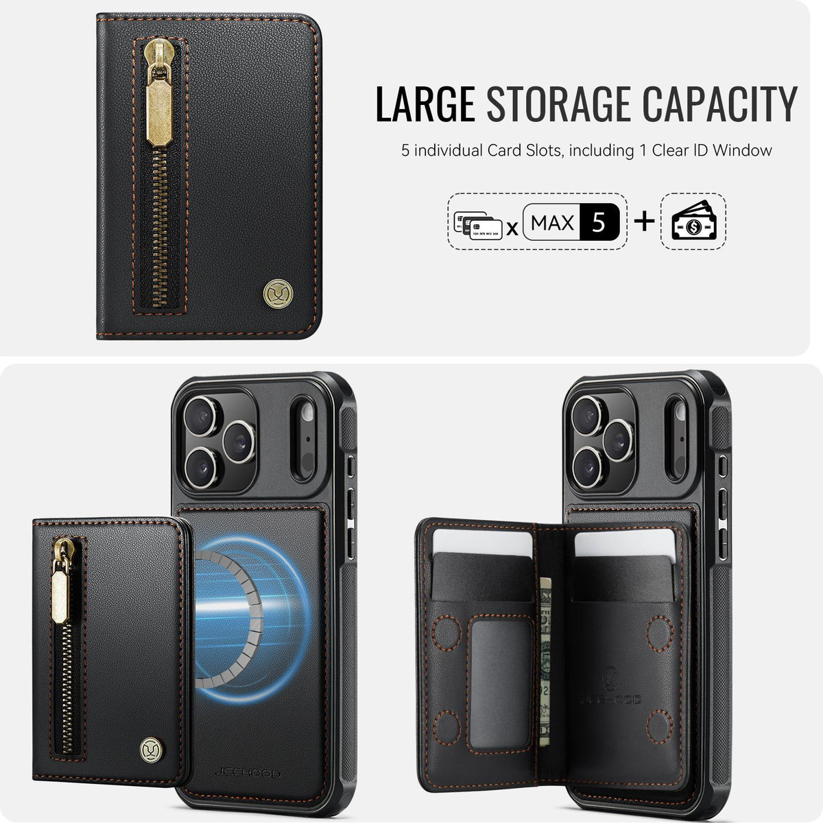 Compatible with iPhone 18 Pro Max JEEHOOD J12 Exquisite RFID MagSafe Zipper Card Bag Phone Case - Black
