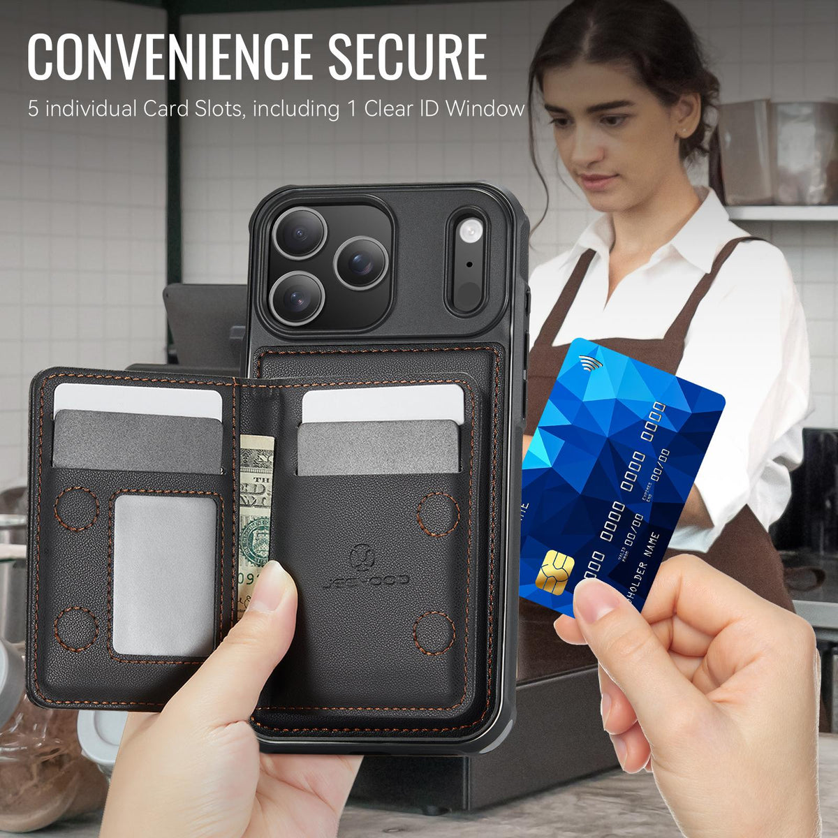 Compatible with iPhone 18 Pro Max JEEHOOD J12 Exquisite RFID MagSafe Zipper Card Bag Phone Case - Black