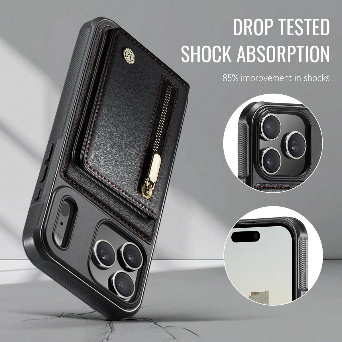 Compatible with iPhone 18 Pro Max JEEHOOD J12 Exquisite RFID MagSafe Zipper Card Bag Phone Case - Black