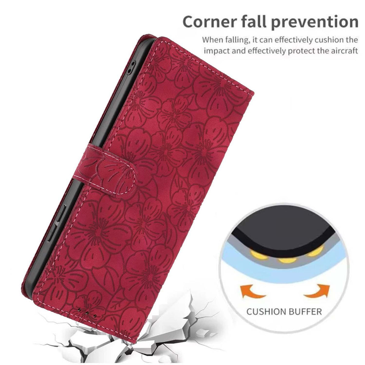 Compatible with iPhone 18 Pro Max Cherry Blossoms Embossed Leather Phone Case - Red