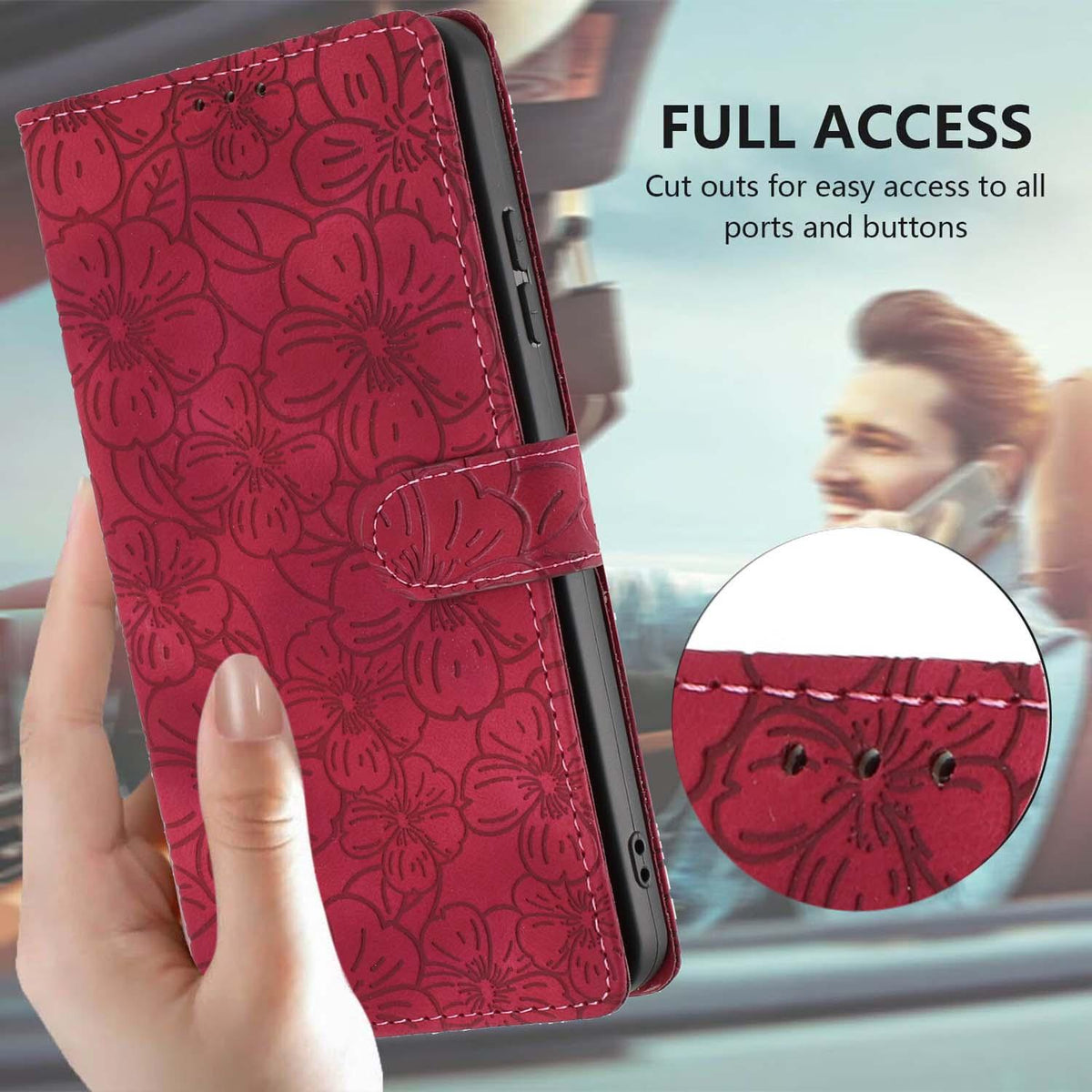 Compatible with iPhone 18 Pro Max Cherry Blossoms Embossed Leather Phone Case - Red