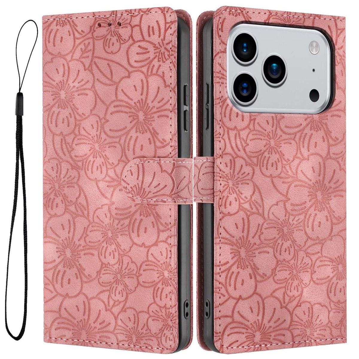 Compatible with iPhone 18 Pro Max Cherry Blossoms Embossed Leather Phone Case - Pink