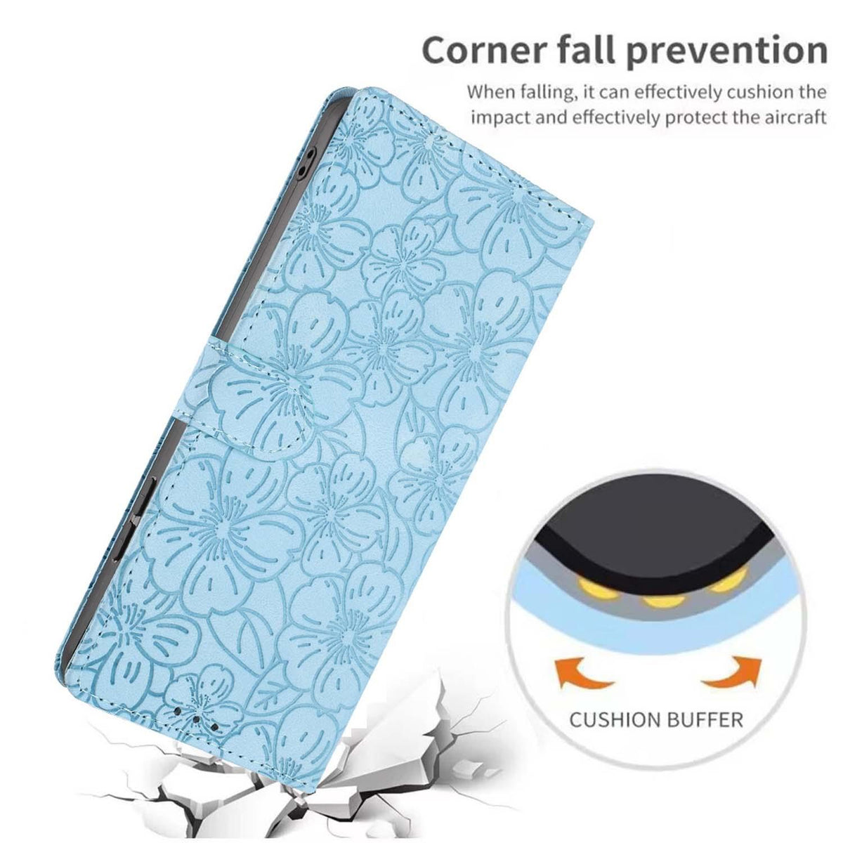 Compatible with iPhone 18 Pro Max Cherry Blossoms Embossed Leather Phone Case - Light Blue