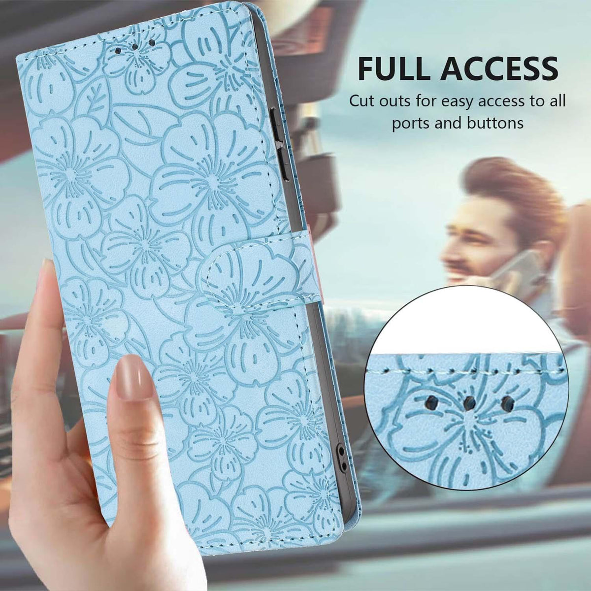 Compatible with iPhone 18 Pro Max Cherry Blossoms Embossed Leather Phone Case - Light Blue
