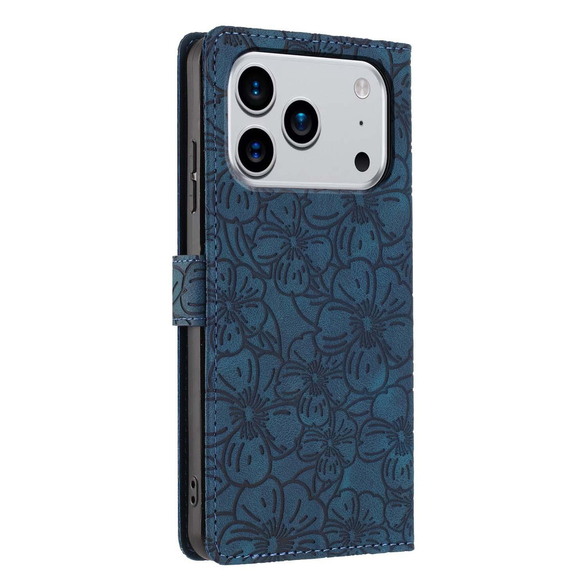 Compatible with iPhone 18 Pro Max Cherry Blossoms Embossed Leather Phone Case - Dark Blue