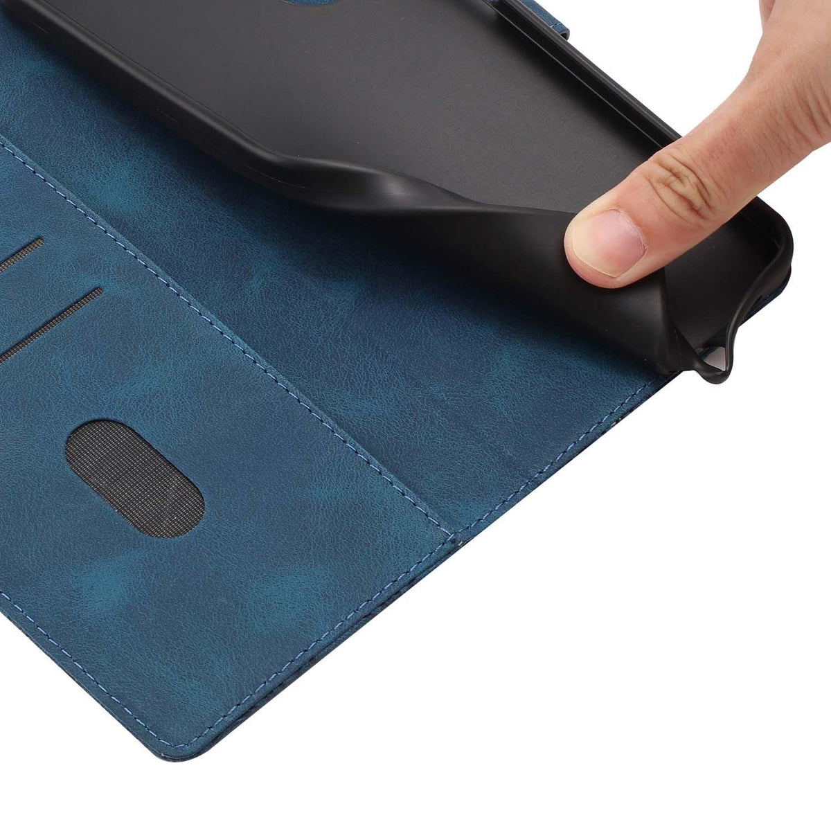 Compatible with iPhone 18 Pro Max Cherry Blossoms Embossed Leather Phone Case - Dark Blue