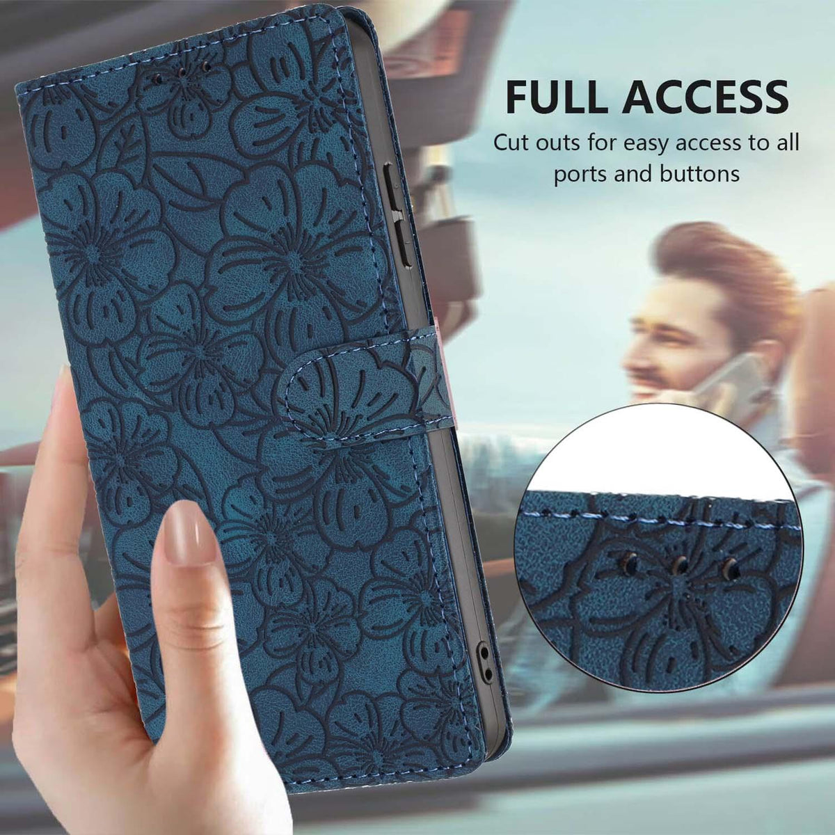 Compatible with iPhone 18 Pro Max Cherry Blossoms Embossed Leather Phone Case - Dark Blue