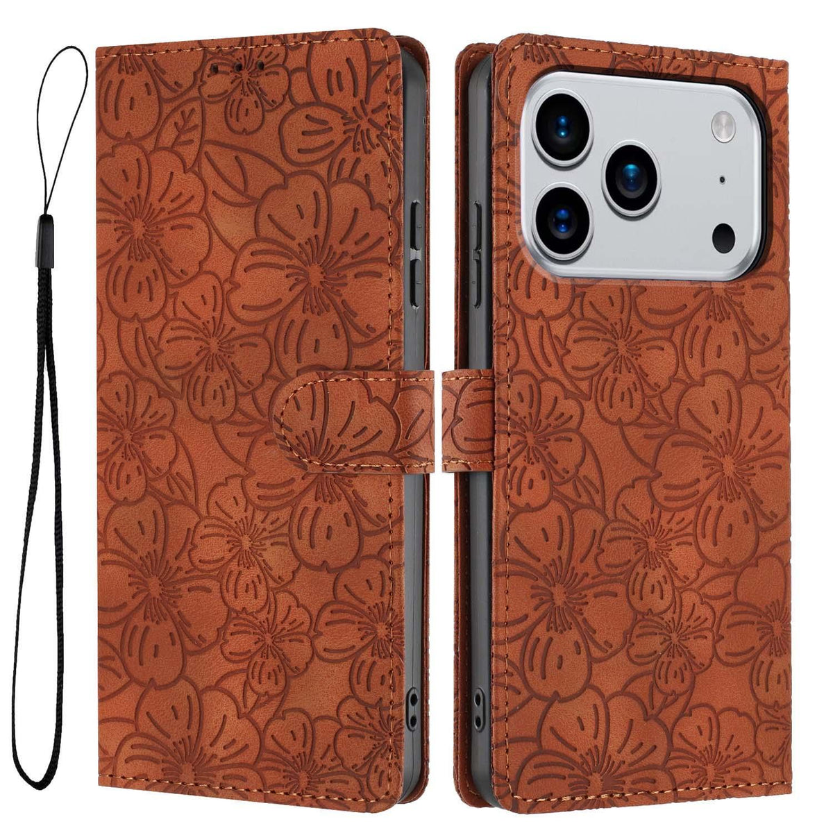 Compatible with iPhone 18 Pro Max Cherry Blossoms Embossed Leather Phone Case - Brown