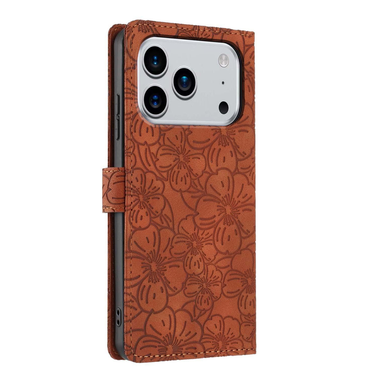 Compatible with iPhone 18 Pro Max Cherry Blossoms Embossed Leather Phone Case - Brown