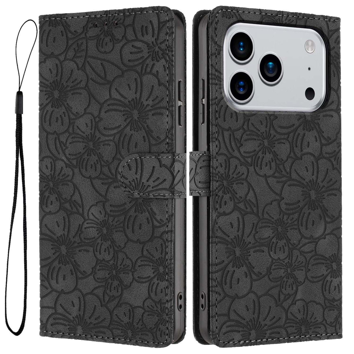 Compatible with iPhone 18 Pro Max Cherry Blossoms Embossed Leather Phone Case - Black