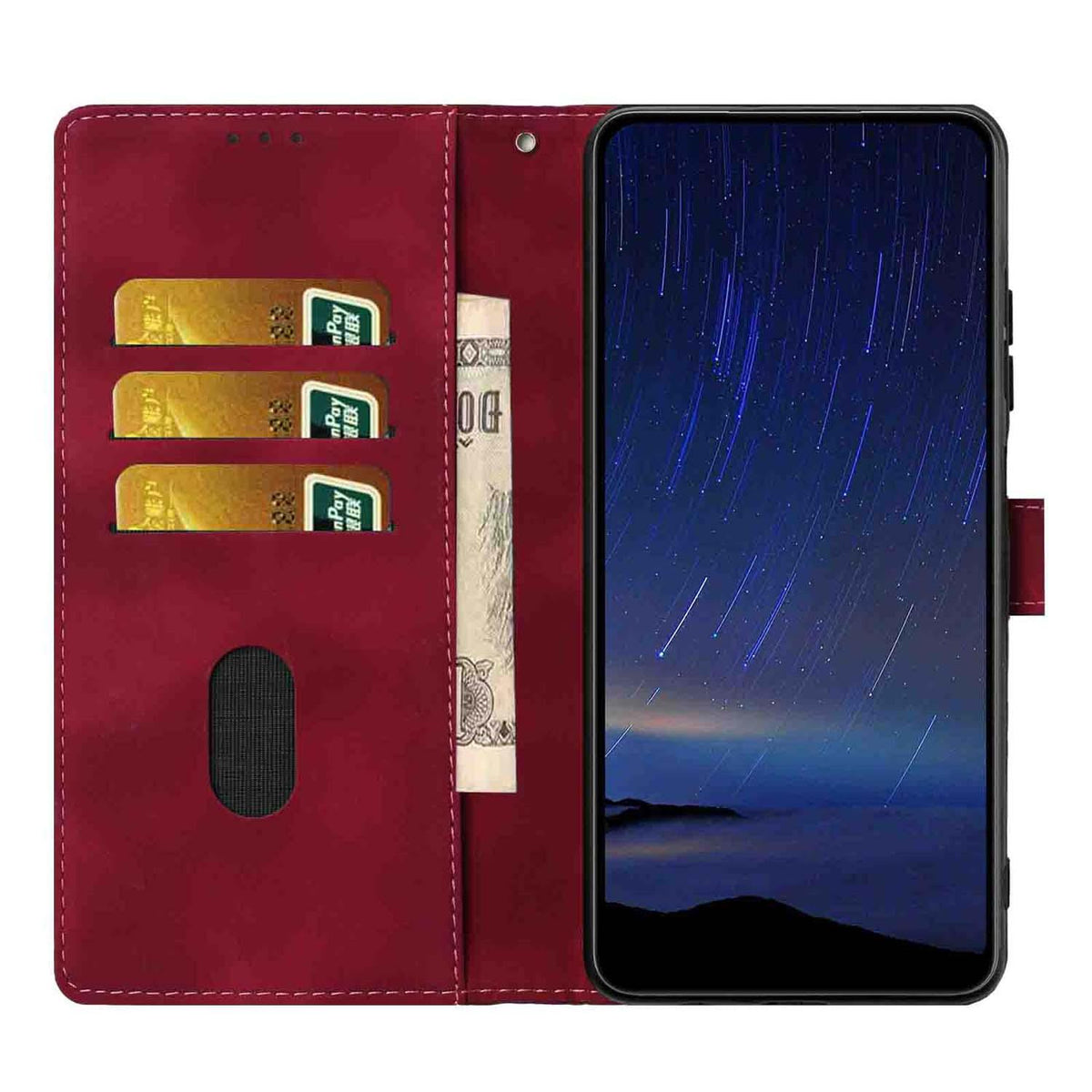 Compatible with iPhone 18 Pro Cherry Blossoms Embossed Leather Phone Case - Red