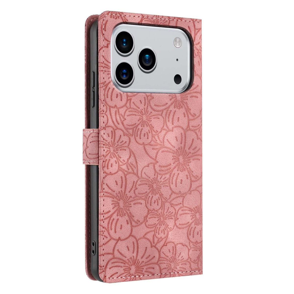 Compatible with iPhone 18 Pro Cherry Blossoms Embossed Leather Phone Case - Pink