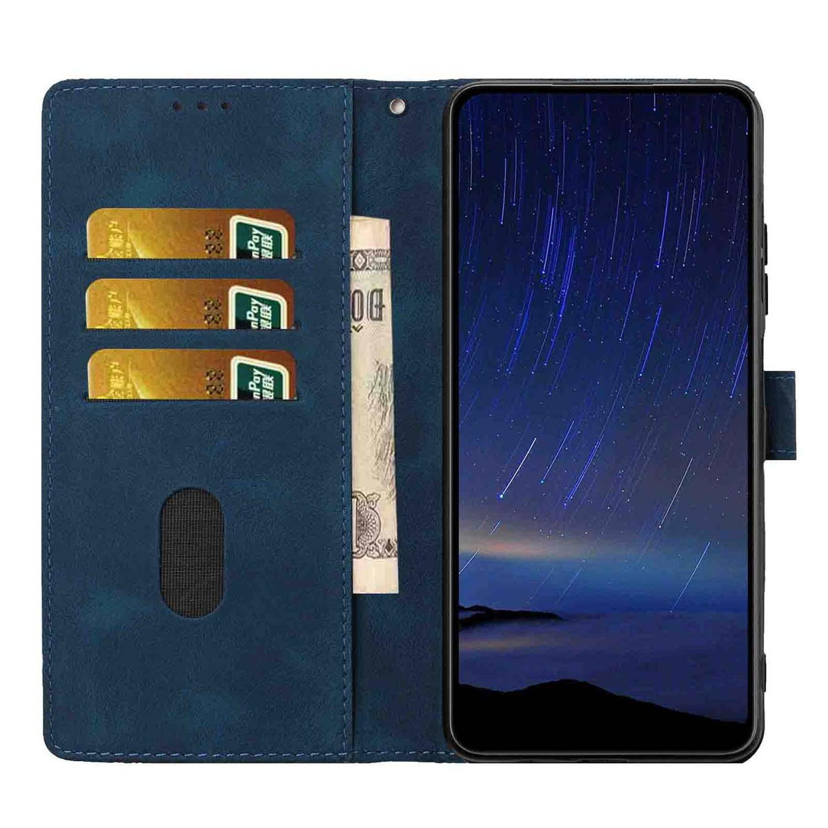 Compatible with iPhone 18 Pro Cherry Blossoms Embossed Leather Phone Case - Dark Blue