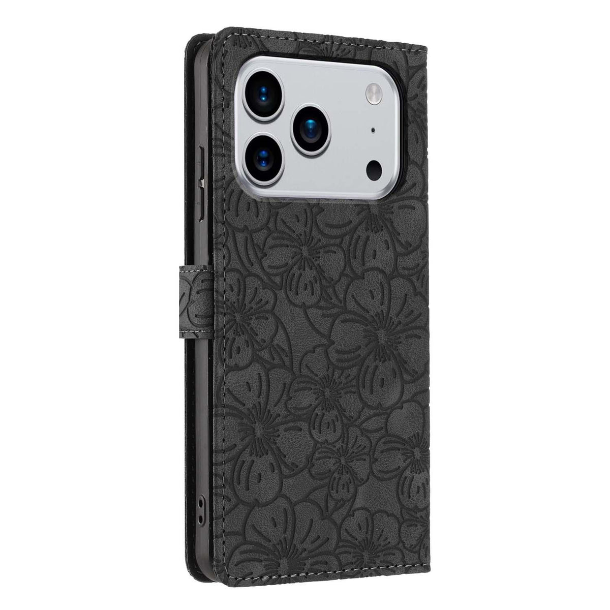 Compatible with iPhone 18 Pro Cherry Blossoms Embossed Leather Phone Case - Black