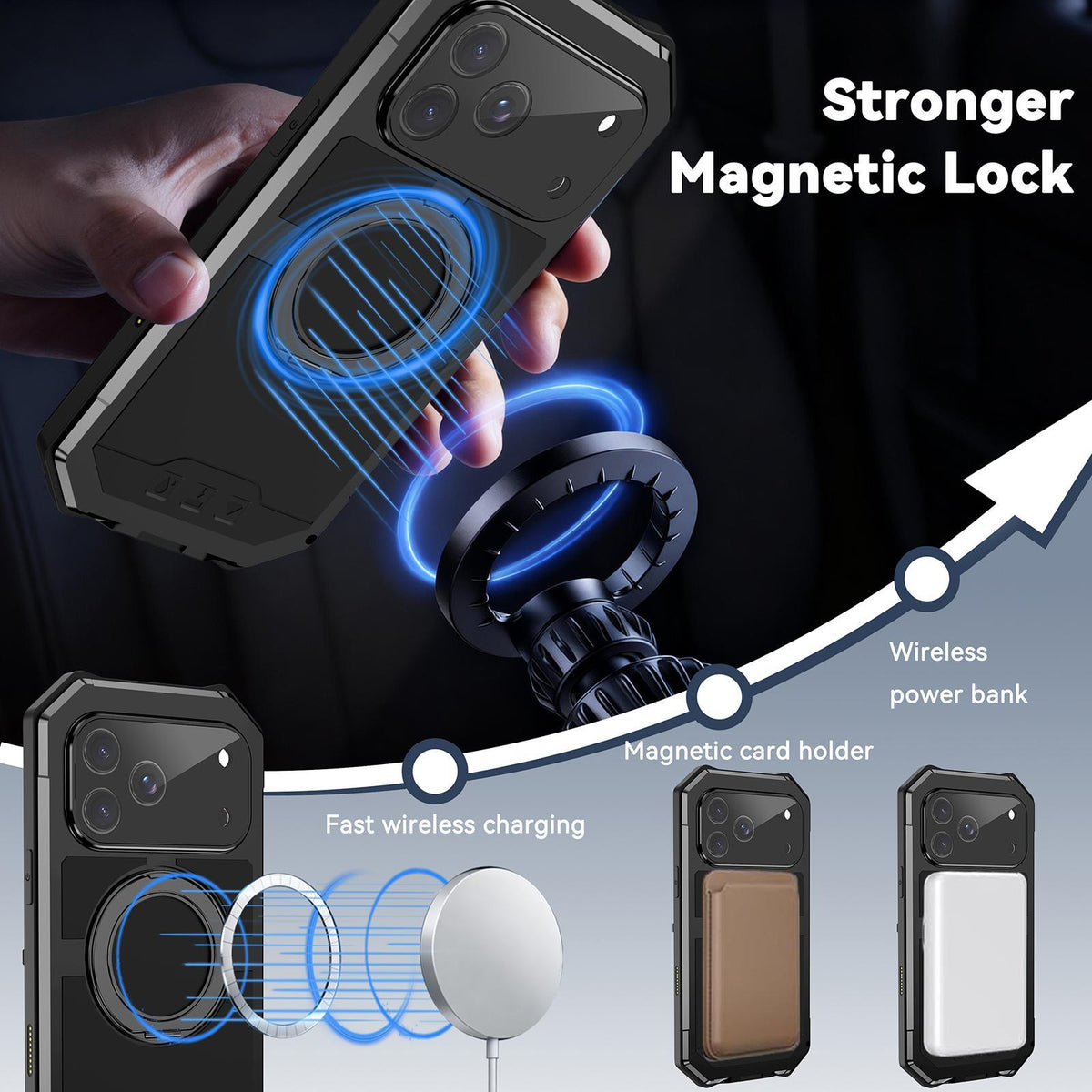 Compatible with iPhone 18 Pro Max R-JUST Life Waterproof Dustproof MagSafe Magnetic Holder Phone Case - Black