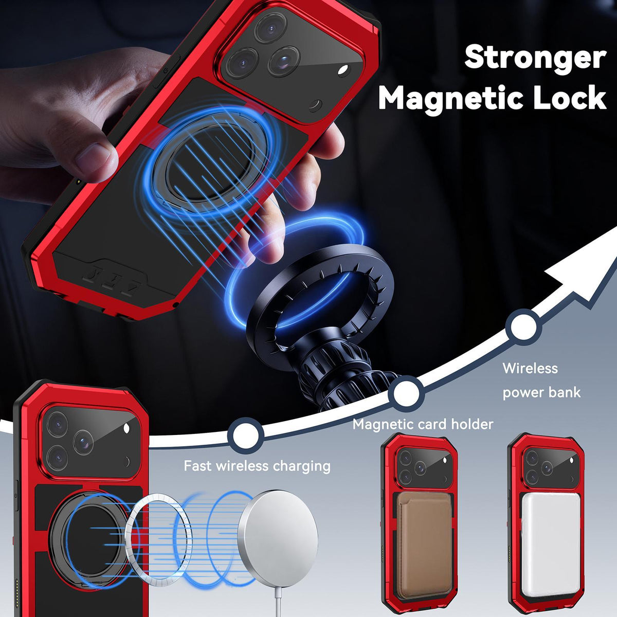 Compatible with iPhone 18 Pro Max R-JUST Life Waterproof Dustproof MagSafe Magnetic Holder Phone Case - Red