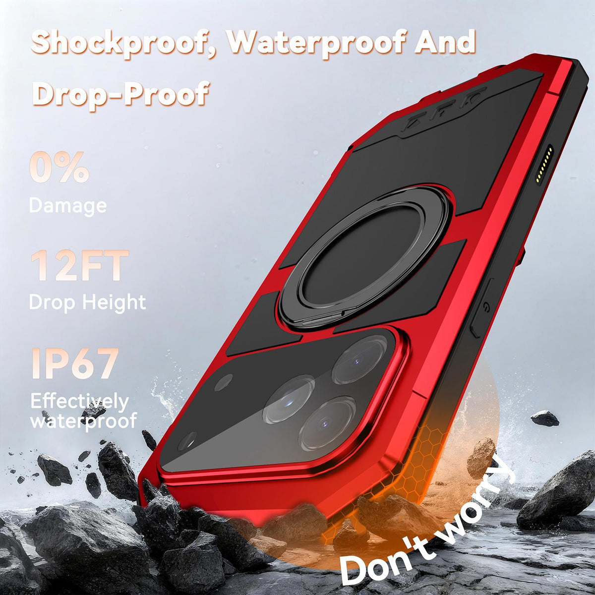 Compatible with iPhone 18 Pro Max R-JUST Life Waterproof Dustproof MagSafe Magnetic Holder Phone Case - Red