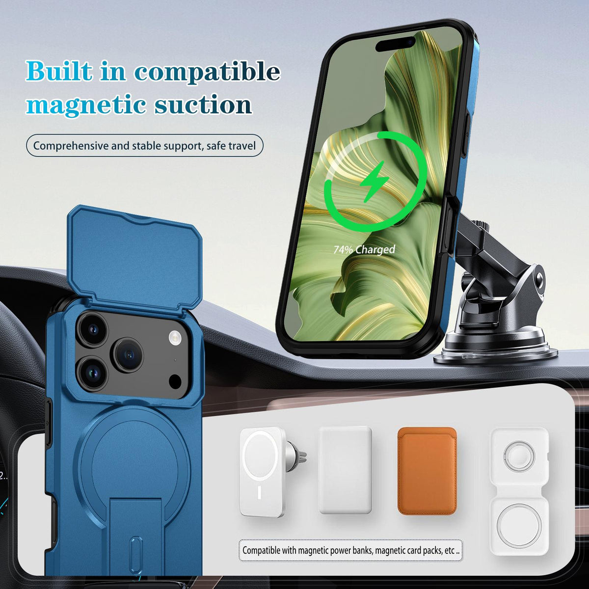 Compatible with iPhone 18 Pro Max Sliding Camshield MagSafe Holder Phone Case - Blue