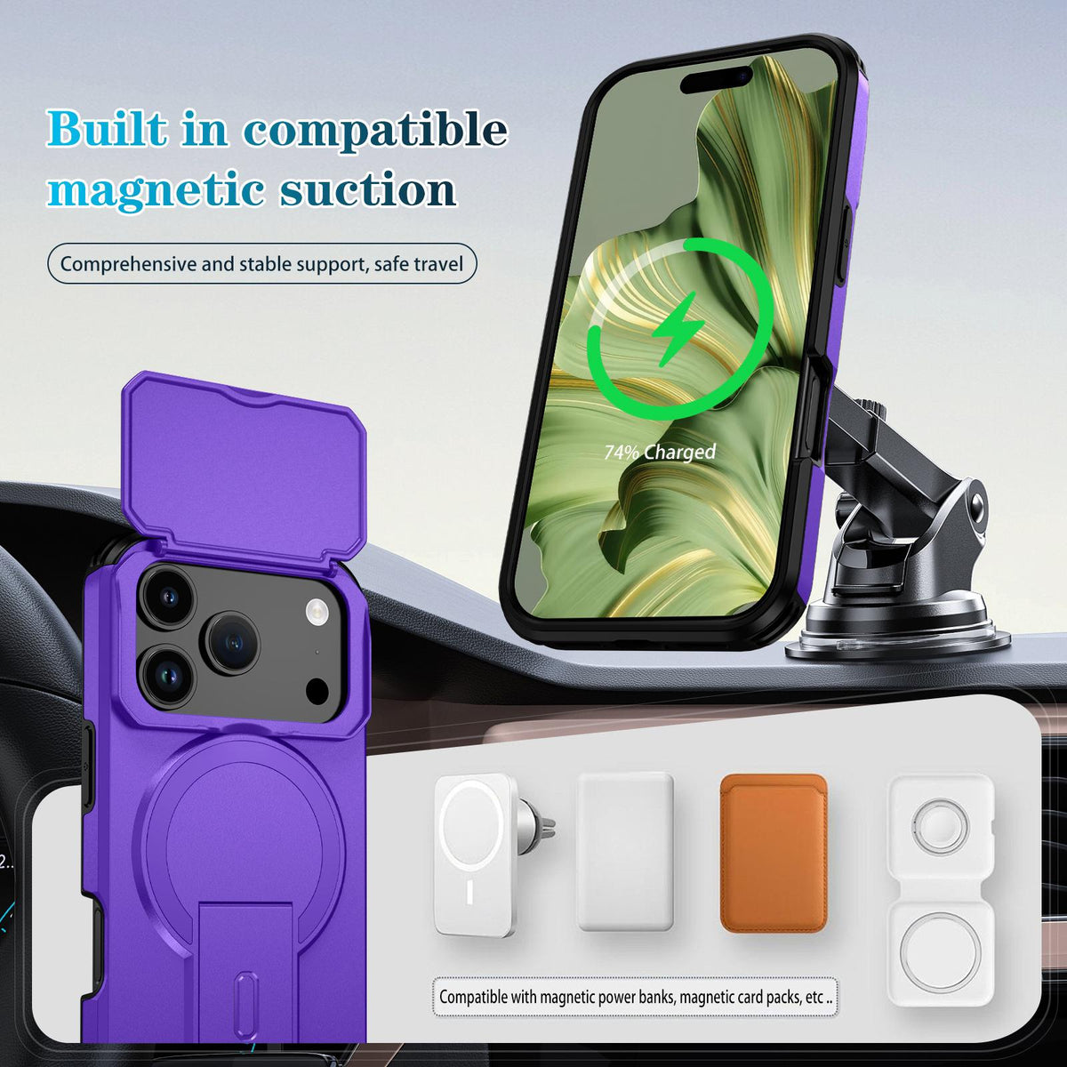Compatible with iPhone 18 Pro Max Sliding Camshield MagSafe Holder Phone Case - Purple