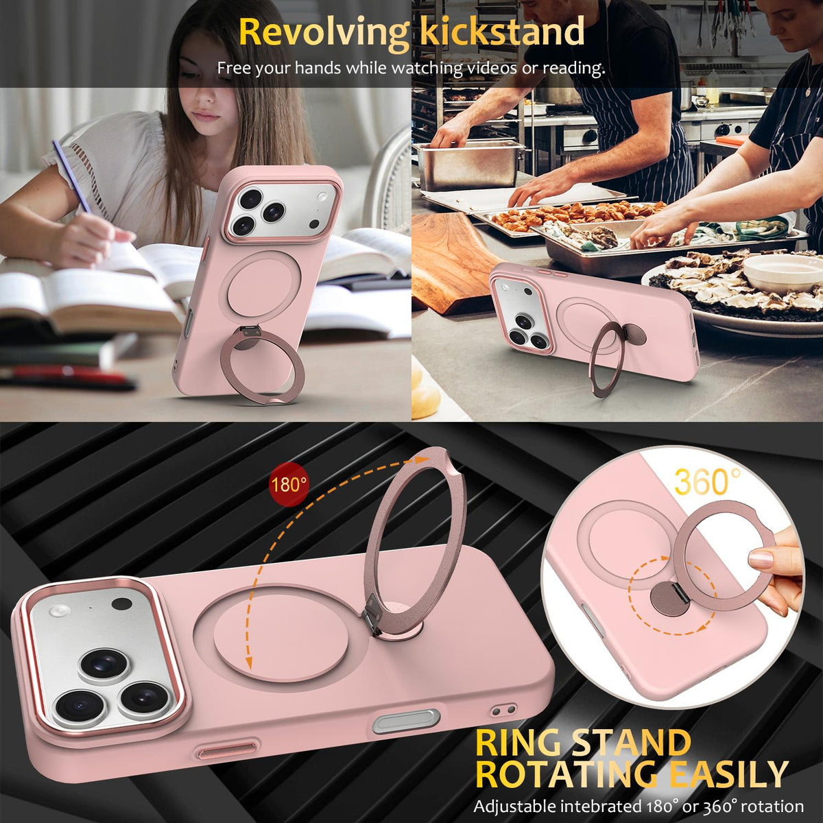 Compatible with iPhone 18 Pro Gen1.5 Pivot Ring Holder TPU Dual-Layer PC Phone Case - Pink