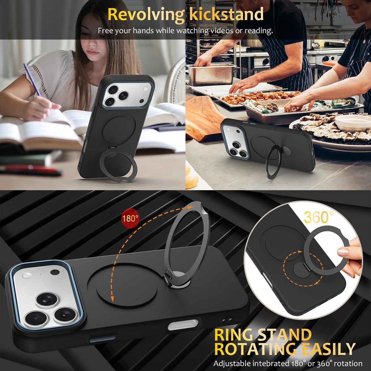 Compatible with iPhone 18 Pro Gen1.5 Pivot Ring Holder TPU Dual-Layer PC Phone Case - Black