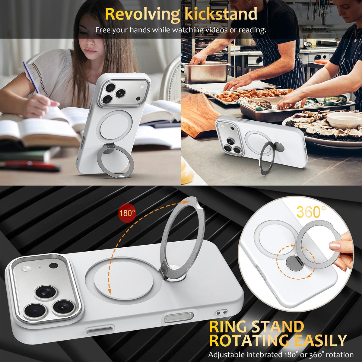 Compatible with iPhone 18 Pro Max Gen1.5 Pivot Ring Holder TPU Dual-Layer PC Phone Case - White