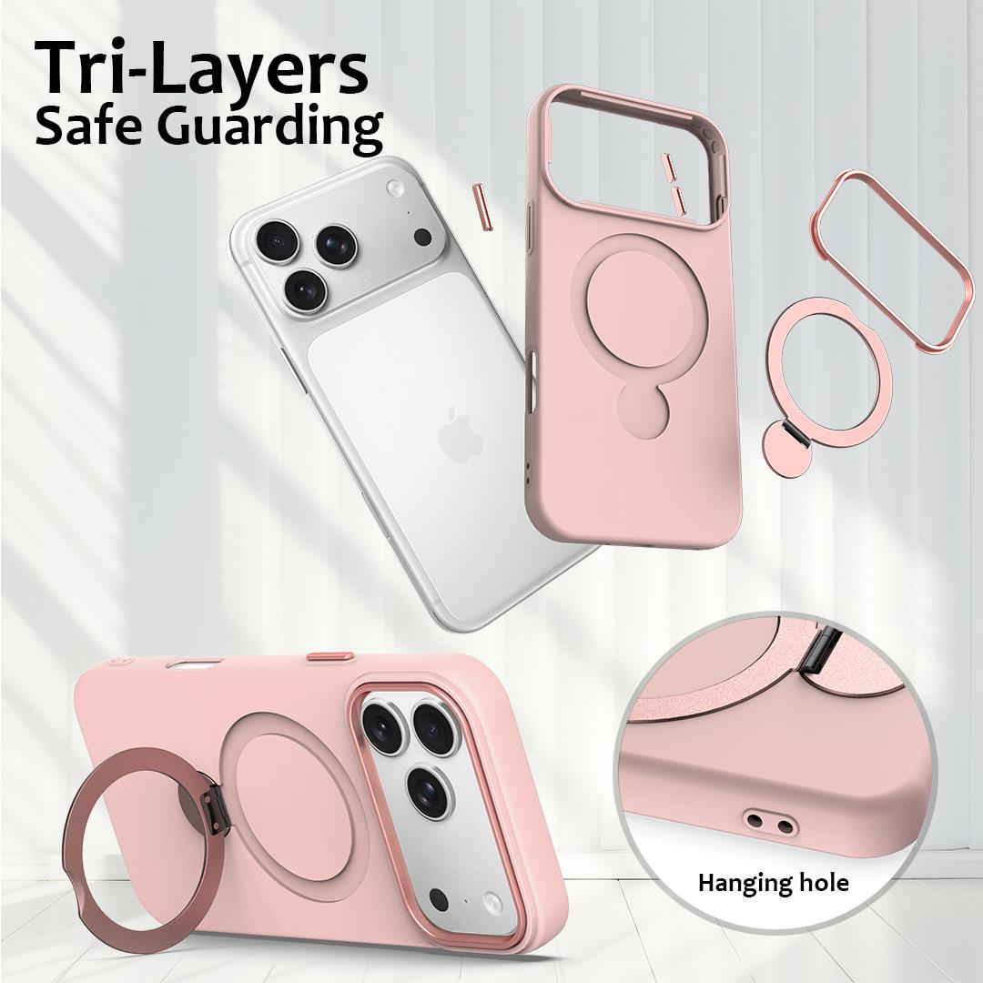 Compatible with iPhone 18 Pro Max Gen1.5 Pivot Ring Holder TPU Dual-Layer PC Phone Case - Pink
