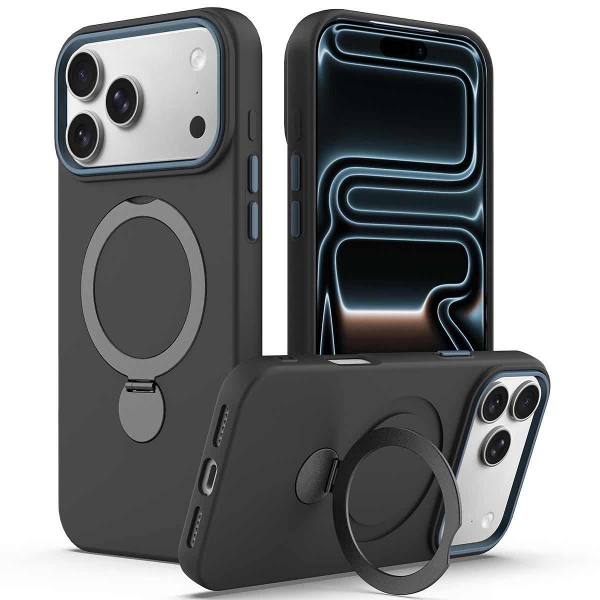 Compatible with iPhone 18 Pro Max Gen1.5 Pivot Ring Holder TPU Dual-Layer PC Phone Case - Black