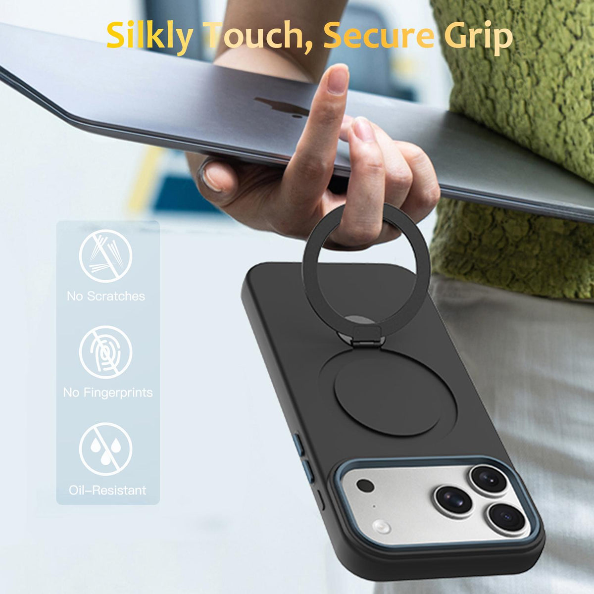 Compatible with iPhone 18 Pro Max Gen1.5 Pivot Ring Holder TPU Dual-Layer PC Phone Case - Black