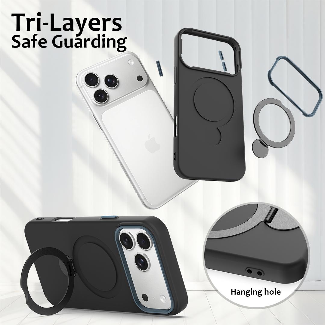 Compatible with iPhone 18 Pro Max Gen1.5 Pivot Ring Holder TPU Dual-Layer PC Phone Case - Black