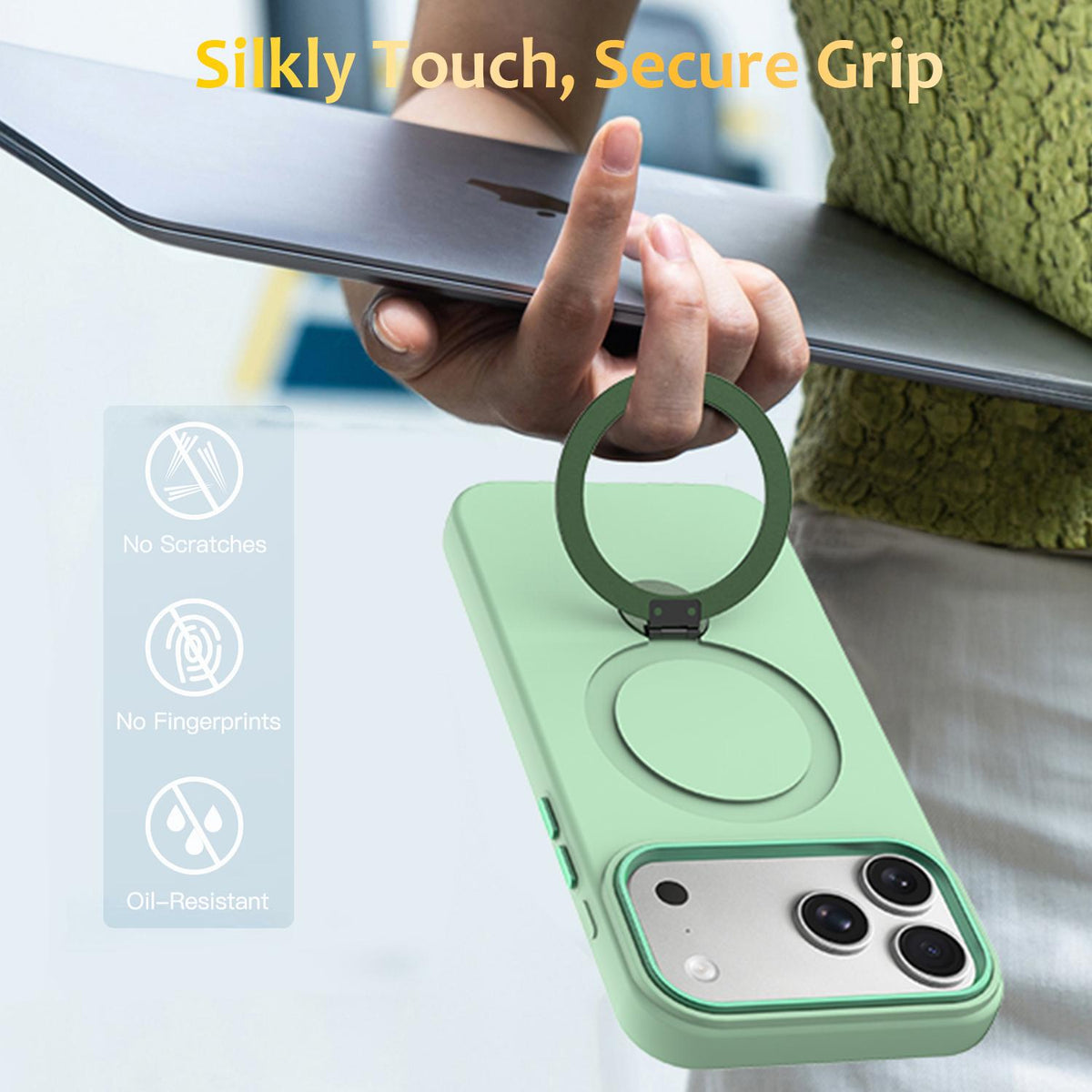 Compatible with iPhone 18 Pro Max Gen1.5 Pivot Ring Holder TPU Dual-Layer PC Phone Case - Green