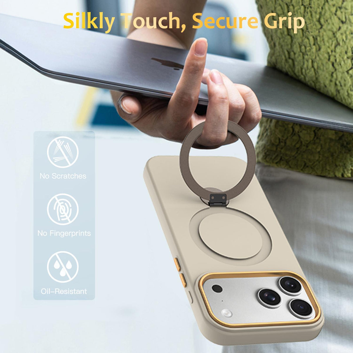 Compatible with iPhone 18 Pro Max Gen1.5 Pivot Ring Holder TPU Dual-Layer PC Phone Case - Apricot