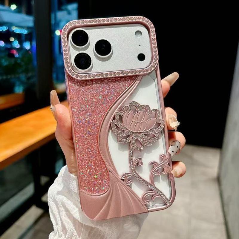 Compatible with iPhone 18 Pro Max Electroplated TPU Lotus Hollow-carved Rhinestone Glitter Phone Case - Pink