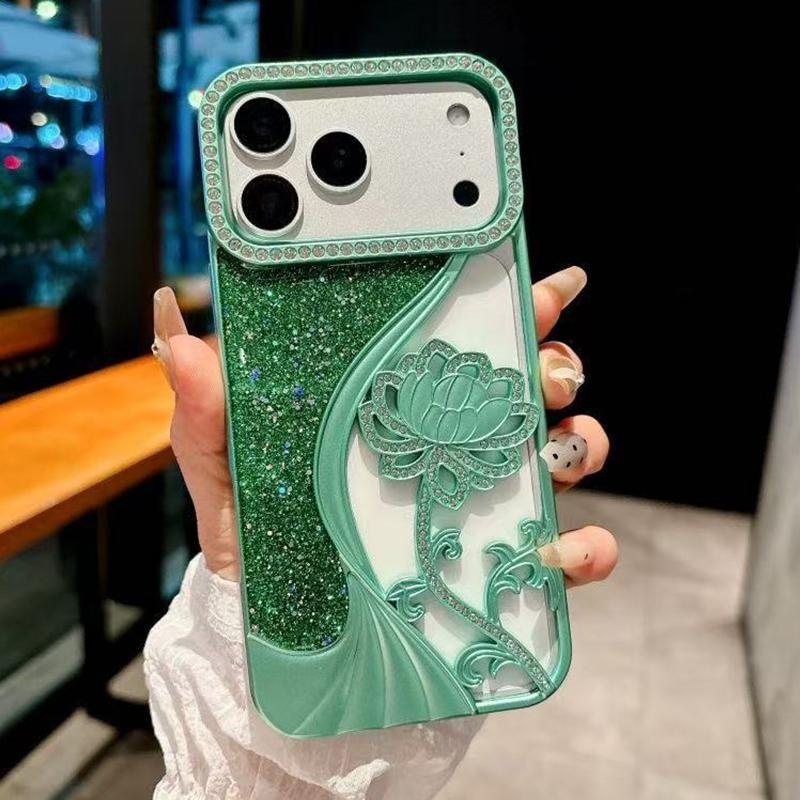 Compatible with iPhone 18 Pro Max Electroplated TPU Lotus Hollow-carved Rhinestone Glitter Phone Case - Green